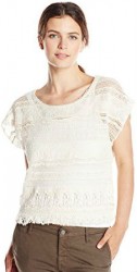 11 Democracy Women's Tiered Woven Short Sleeve Crochet Top with Fringe Hem